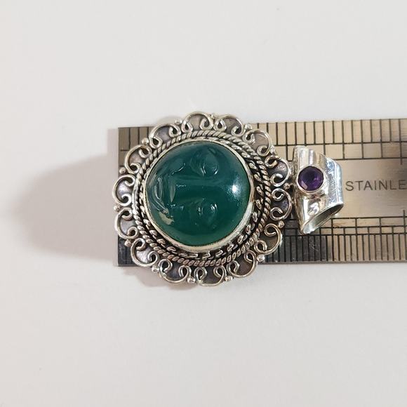 Green Onyx Carved Face Pendant with Amethyst Accent in Sterling Silver - Picture 13 of 13